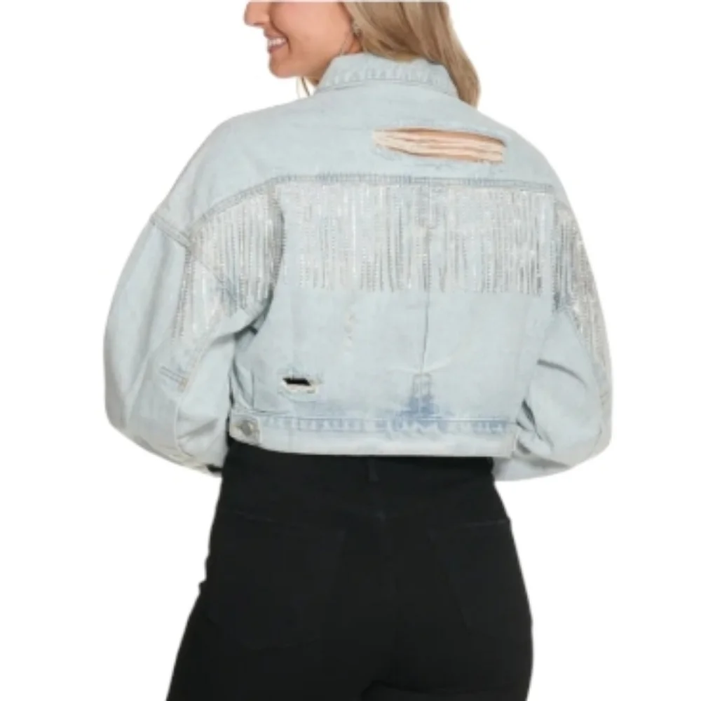 Blue B Collection Distressed Cropped Denim Jacket W/ Rhinestone Fringe